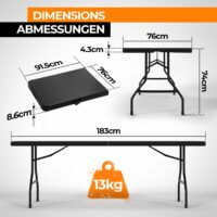 Klapptisch 183cm Camping für 8 Personen Tragbar Platzsparend Outdoor/Indoor Schwarz
