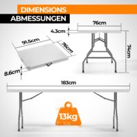 Klapptisch 183cm Camping für 8 Personen Tragbar Platzsparend Outdoor/Indoor Weiss