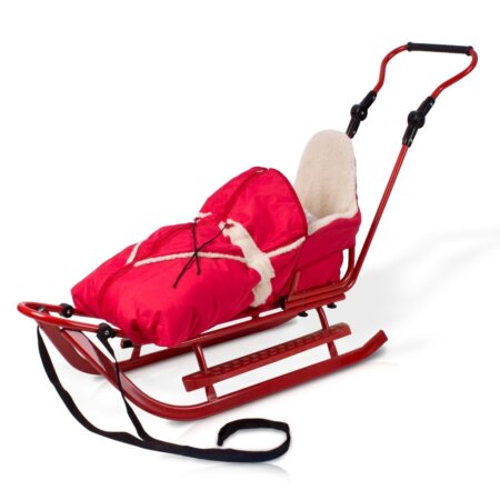 Metall-Schlitten mit Winterfusssack rot-rot
