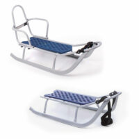 Metall-Schlitten mit Winterfusssack weiss-blau