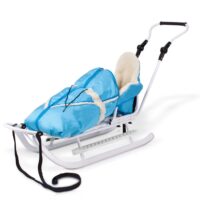 Metall-Schlitten mit Winterfusssack weiss-blau