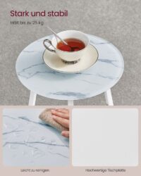 Runder Beistelltisch mit Marmor-Optik und schmalen Stahlbeinen, ideal für ein modernes, minimalistisches Zuhause.