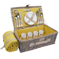 Picknickkorb Weidenkorb Set für 4 Personen mit Decke gelb