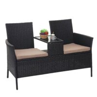 Rattan Gartenbank mit Tisch 132cm ~ schwarz Kissen creme