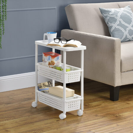 Rollregal 77x22x48cm mit Körben 3 Etagen Weiss