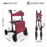 Rollator höhenverstellbar mit Sitz und Rückenlehne rot