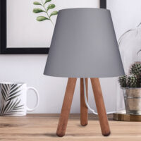 Tischlampe Kidderminster E27 Buchenholz Textil Walnussoptik Grau