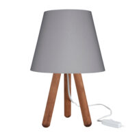 Tischlampe Kidderminster E27 Buchenholz Textil Walnussoptik Grau