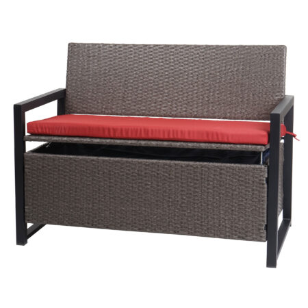 Truhenbank Rattan JAM-F39 2 Sitzer grau-meliert Kissen rot