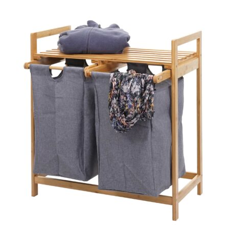Wäschekorb Wäschesammler 2 Fächer 70l ~ Bambus dunkelgrau