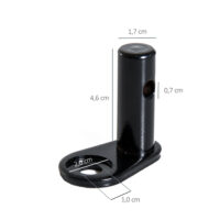 Schwarze abnehmbare Anhängerkupplung für Kinderfahrradanhänger. Ermöglicht eine einfache und sichere Befestigung.