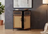 Apothekerkommode Highboard Schrank Staufächer Vintage Shabby-Look 94x80x35cm Rattanoptik