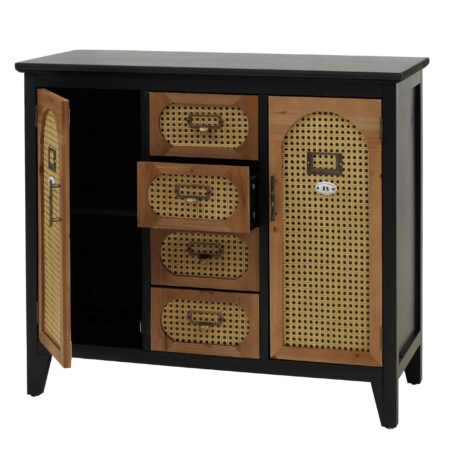 Apothekerkommode Sideboard Schrank Staufächer Schubladen Vintage Rattanoptik 80x91x40cm schwarz