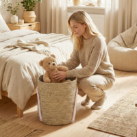 Aufbewahrungskorb geflochten mit Regenbogenmotiv gross natur