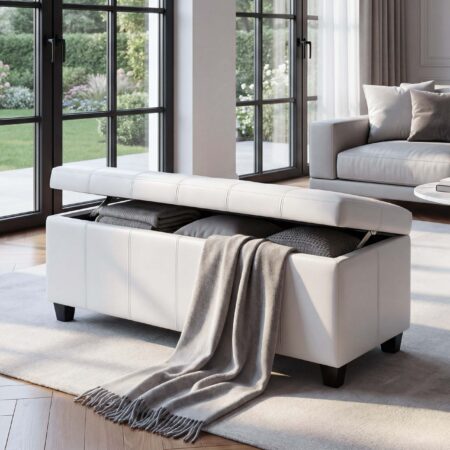 Aufbewahrungstruhe Sitzbank Leder Kunstleder 112x45x45cm weiss