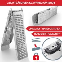 Zwei klappbare Auffahrrampen mit rutschfester Oberfläche für bis zu 400kg.