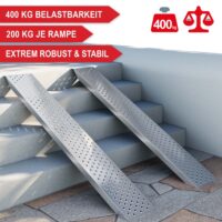 Set aus zwei stabilen Auffahrrampen mit 400kg Tragfähigkeit.