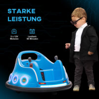 Blauer 12V Autoscooter für Kinder mit Fernbedienung, Musik und 360°-Drehung, ideal für 3-5 Jahre. Ein lustiges und dynamisches Fahrerlebnis.