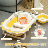 Babybadewanne faltbar 3er Set für Neugeborene mit niedlichen Löwenmustern und weichem Badekissen für bequemen Halt.