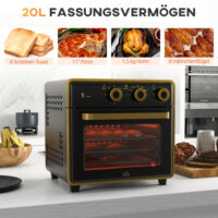 Ein kompakter schwarzer Backofen und Küchenofen mit 20 Litern Fassungsvermögen, 1400W Leistung und Timer.