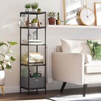 Schwarzes Badezimmerregal mit fünf Ebenen aus Metall, stilvoll und stabil.