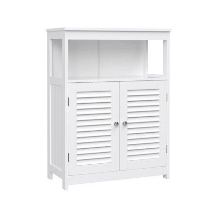 Badezimmerschrank mit Lamellentüren, praktisches Badregal mit Stauraum.