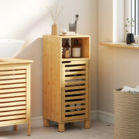 Badezimmerschrank mit Regal und Lamellentür aus Bambus hellbraun