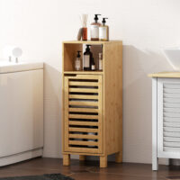 Badezimmerschrank mit Regal und Lamellentür aus Bambus hellbraun