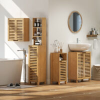 Badezimmerschrank schmal mit Lamellentür und offenen Regalen natur