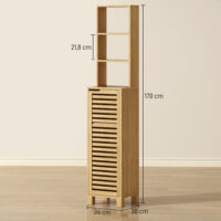 Badezimmerschrank schmal mit Lamellentür und offenen Regalen natur