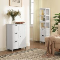 Weiße Badezimmerschrank-Kommode im Landhausstil, elegant und funktional.