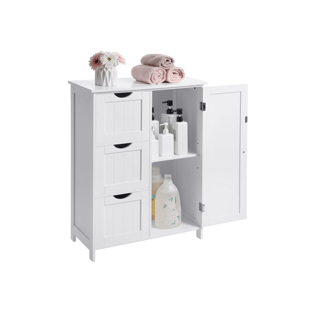 Weiße Badezimmerschrank-Kommode im Landhausstil, elegant und funktional.