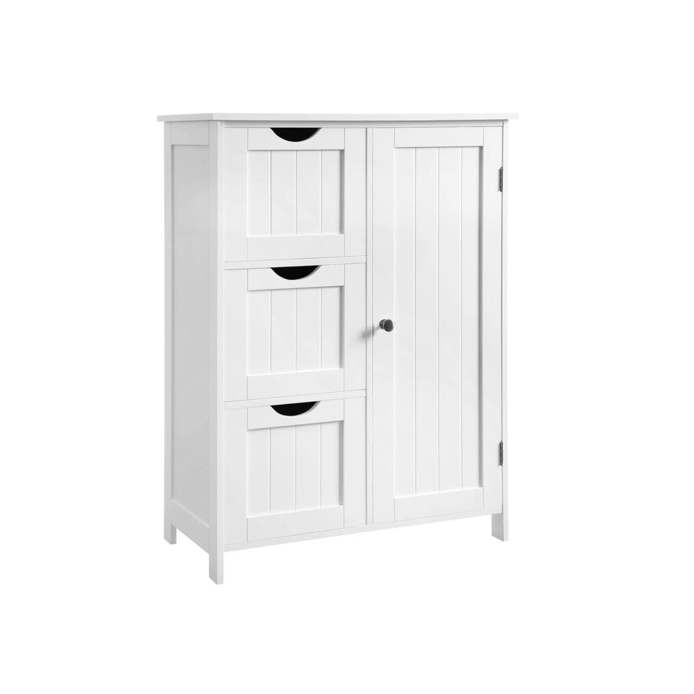 Weiße Badezimmerschrank-Kommode im Landhausstil, elegant und funktional.