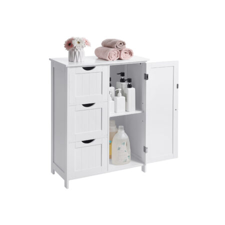 Weiße Badezimmerschrank-Kommode im Landhausstil, elegant und funktional.