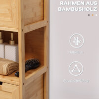 Ein Badezimmerschrank im Landhausstil aus Bambus mit zwei praktischen Schubladen.