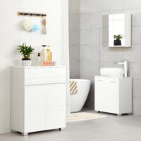 Badezimmerschrank mit Türen und Schublade in Weiß, praktisch für das Badezimmer.