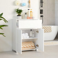 Badezimmerschrank mit Türen und Schublade in Weiß, praktisch für das Badezimmer.