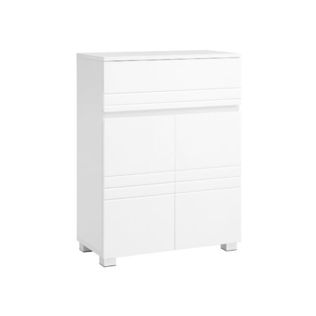 Badezimmerschrank mit Türen und Schublade in Weiß, praktisch für das Badezimmer.