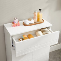 Badezimmerschrank mit Türen und Schublade in Weiß, praktisch für das Badezimmer.