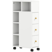 Badezimmerschrank schmal mit Rollen und Schubladen weiss