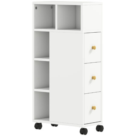 Badezimmerschrank schmal mit Rollen und Schubladen weiss