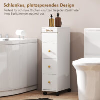 Badezimmerschrank schmal mit Rollen und Schubladen weiss