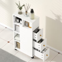 Badezimmerschrank schmal mit Rollen und Schubladen weiss