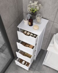 Badezimmerschrank mit vier weissen Schubladen für geordnete Aufbewahrung.