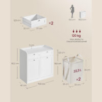 Praktischer Wäscheschrank mit Ablage, 2 Stoffkörben und 2 Schubladen für Ordnung im Bad. Stabil und leicht zu reinigen, mit wasserabweisender Beschichtung. Maße: 80 x 40 x 79 cm. Material: MDF, Polyester. Lieferumfang: 1 x Badezimmerschrank.