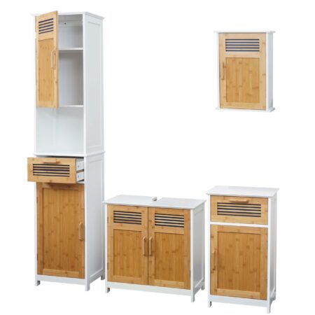 Badezimmerset Badmöbel Hochschrank Waschbeckenunterschrank Hängeschrank Bambus weiss