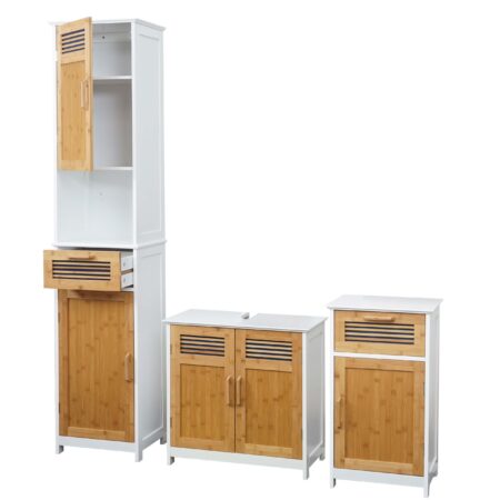 Badezimmerset Hochschrank Waschbeckenunterschrank Kommode Bambus weiss