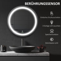 Runder schwarzer Badezimmerspiegel Ø60cm mit LED Beleuchtung und Touch-Schalter