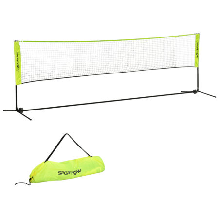 Gelbes faltbares Badmintonnetz mit Höhenverstellung und praktischer Tragetasche für einfachen Transport.