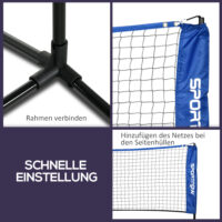 Blaues höhenverstellbares Badmintonnetz, faltbar und vielseitig für Indoor- und Outdoor-Nutzung.